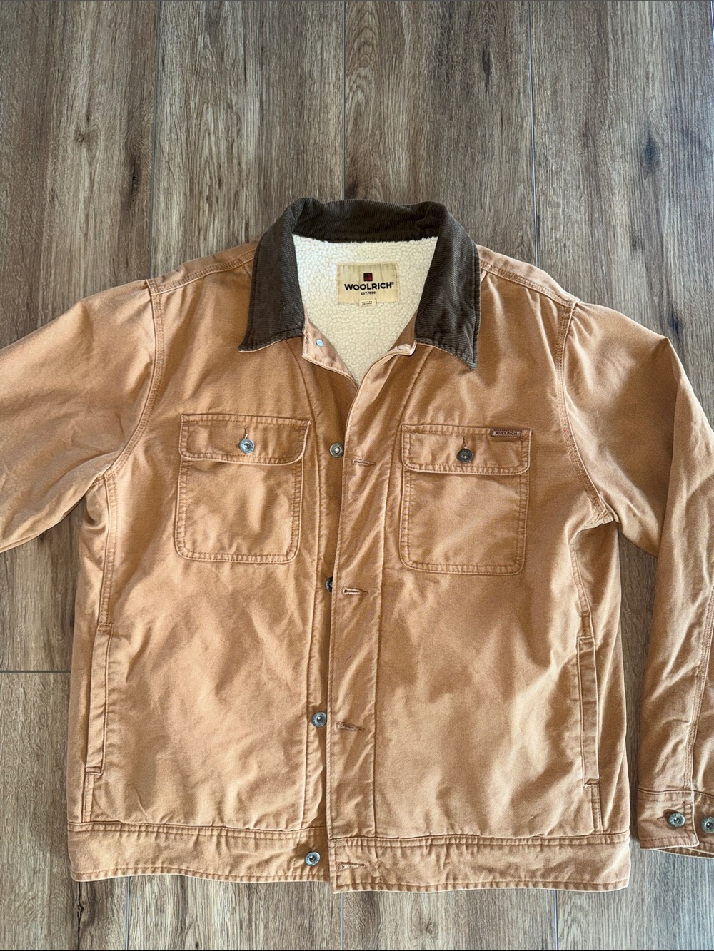 Woolrich Canvas Sherpa-Lined Field Jacket with Brown Corduroy Collar- like NEW - Picture 1 of 6